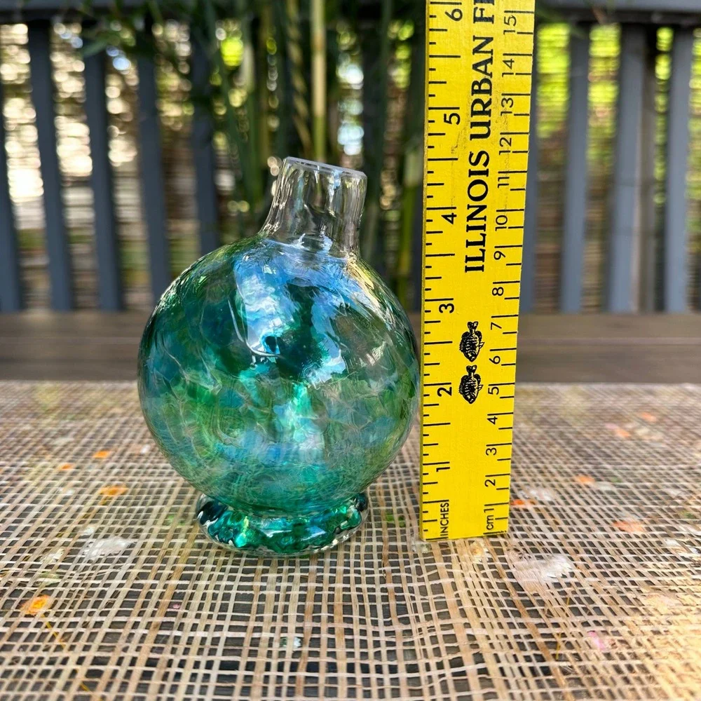 Handblown Glass Ball Flower Vase Green Blue Crackle Texture Round Bud Vase - Picture 4 of 8